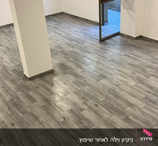 חדר ריק עם רצפת עץ ודלת זכוכית